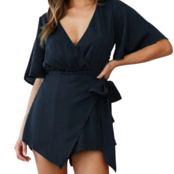 Flared Sleeve Romper V Neck Waist Tie Knot Solid Romper Casual - Picture 11 of 12